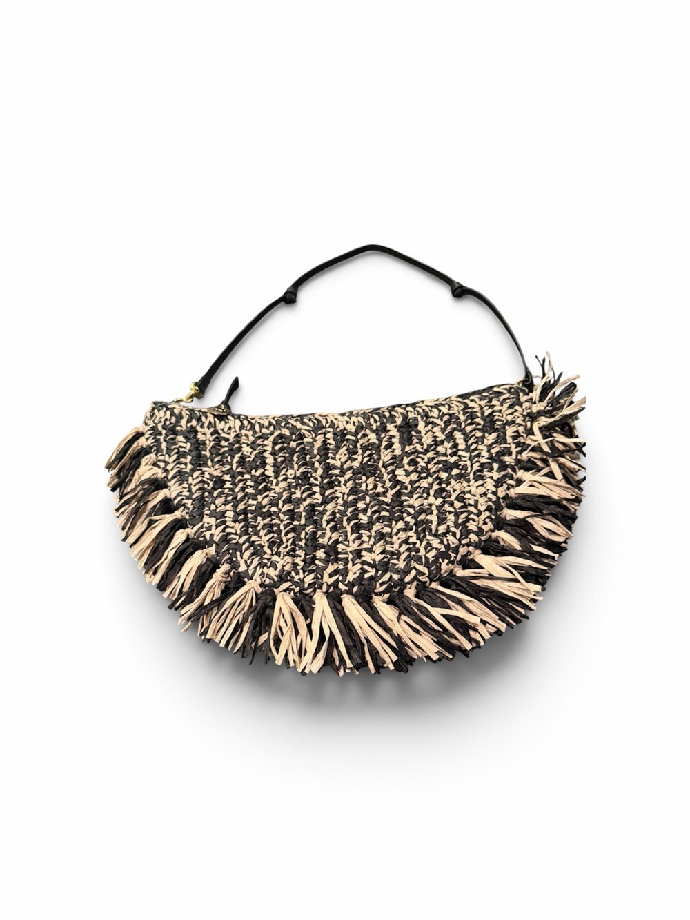 Clare V. Woven Fringe Half-Moon Shoulder Bag in Black and Beige